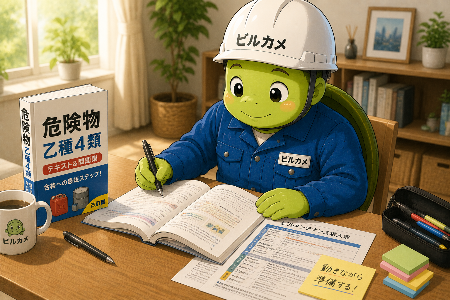 ビルカメが資格勉強と求人票の確認を並行して進める様子