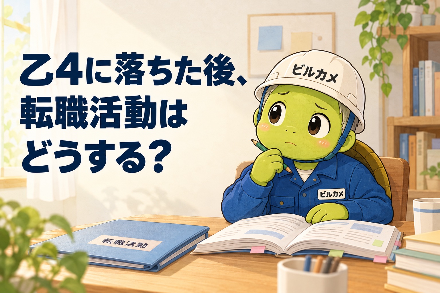 乙4に落ちた後の転職活動を考えるビルカメと、勉強用テキストのイラスト