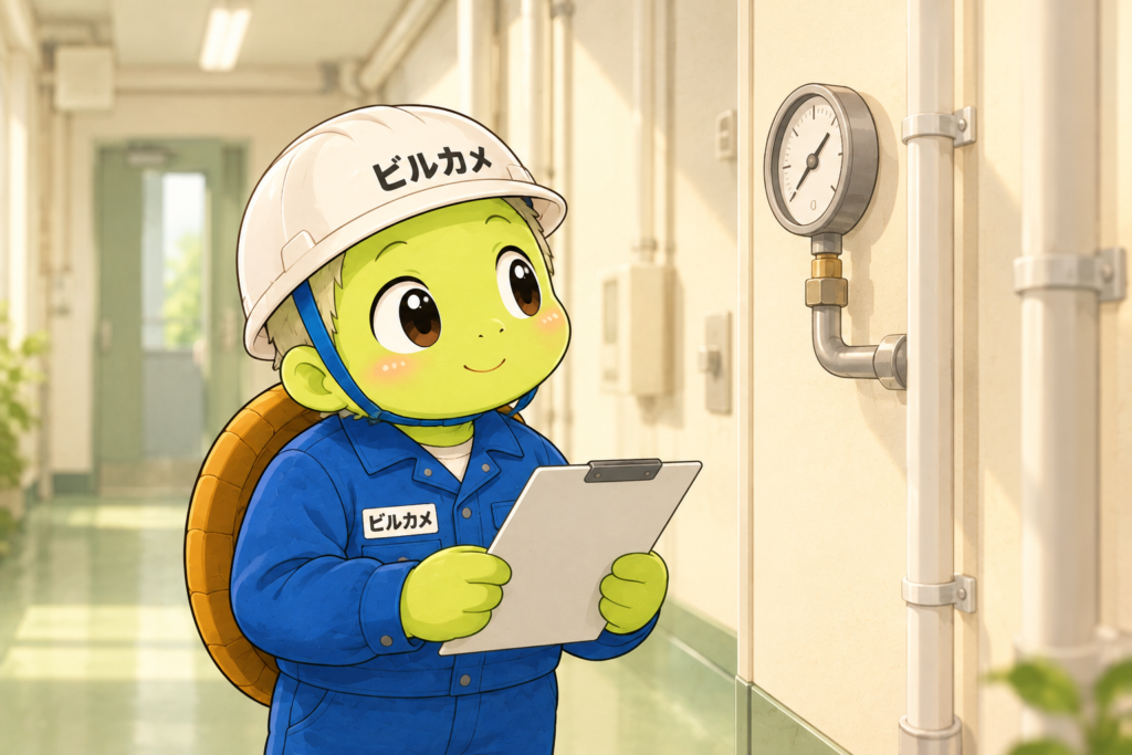 点検の様子を表したビルカメのイメージイラスト