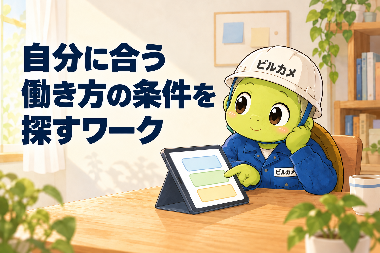自分に合う働き方の条件を探すワーク。タブレットを操作するビルカメのイラスト